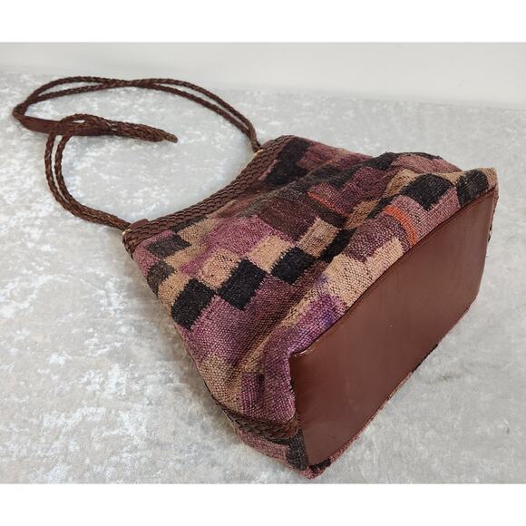 L.J. Simone New York Brown Leather with Wool Pattern Design Purse - Picture 3 of 7